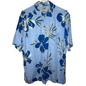 Tommy Bahama Shirt Mens Large Silk Blue Floral Hibiscus Herringbone Button Up